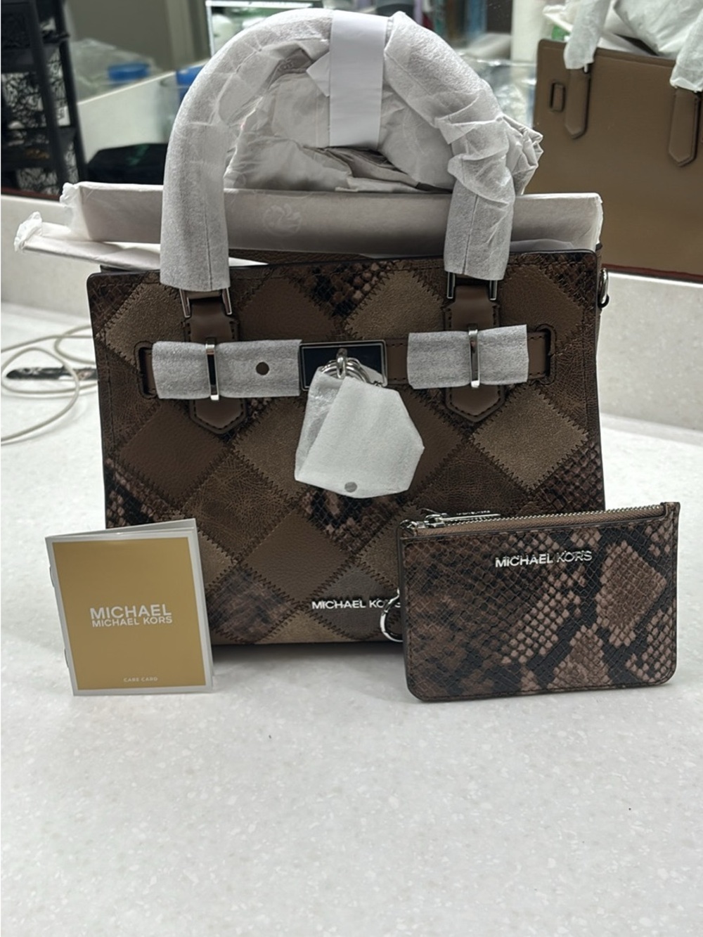 Michael Kors Brown Snake-Print Leather Top-Handle Shoulder Bag with Coin Pouch